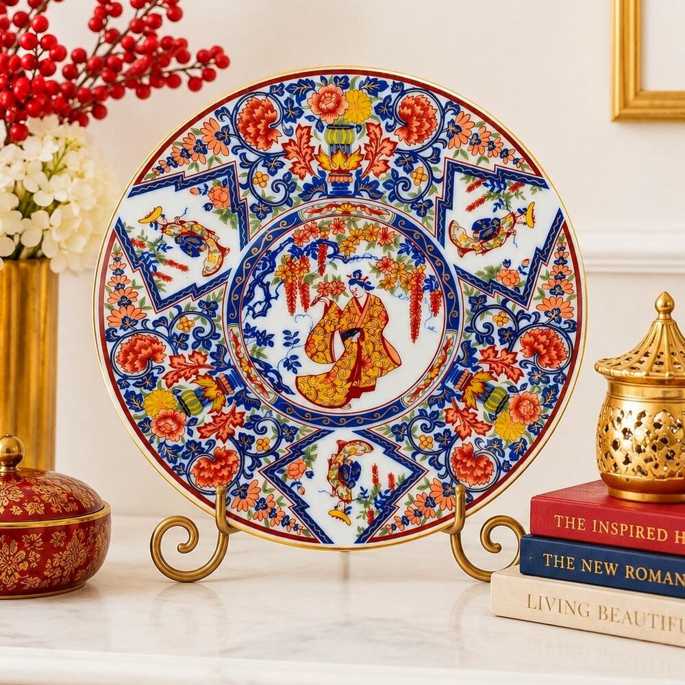 🎎🟥🟦🟧 Retro Japanese Geisha Floral Girl Imari Style Plate Hand Painted Gold